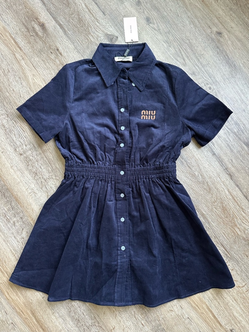Miu Miu Navy Short-Sleeve Corduroy Shirt Dress with Logo